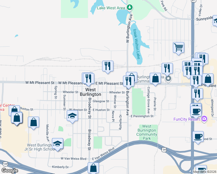 map of restaurants, bars, coffee shops, grocery stores, and more near 110 Ballard Street in West Burlington