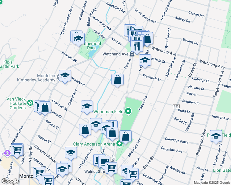 map of restaurants, bars, coffee shops, grocery stores, and more near 167 Park Street in Montclair