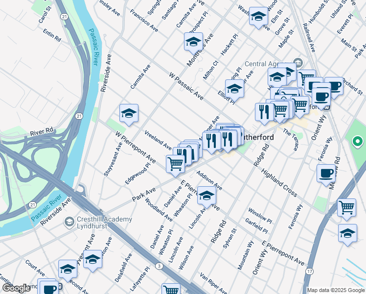 map of restaurants, bars, coffee shops, grocery stores, and more near 47 West Newell Avenue in Rutherford