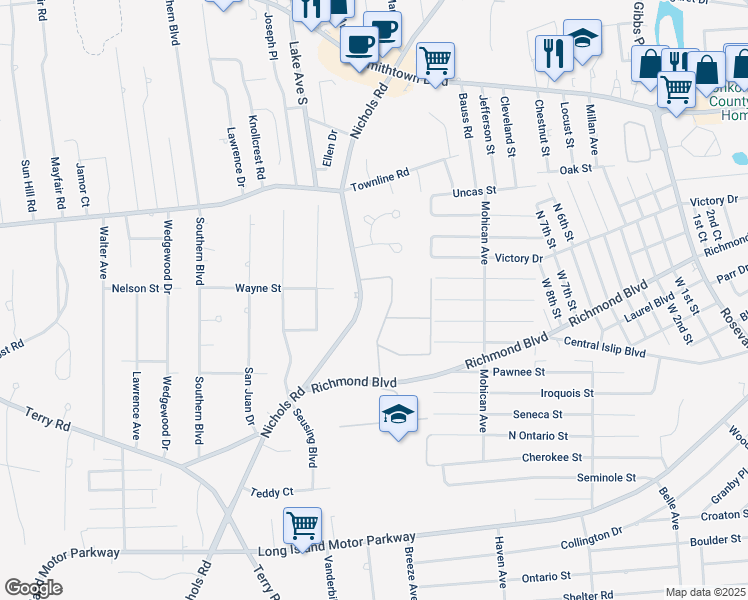 map of restaurants, bars, coffee shops, grocery stores, and more near 81 Richmond Boulevard in Ronkonkoma