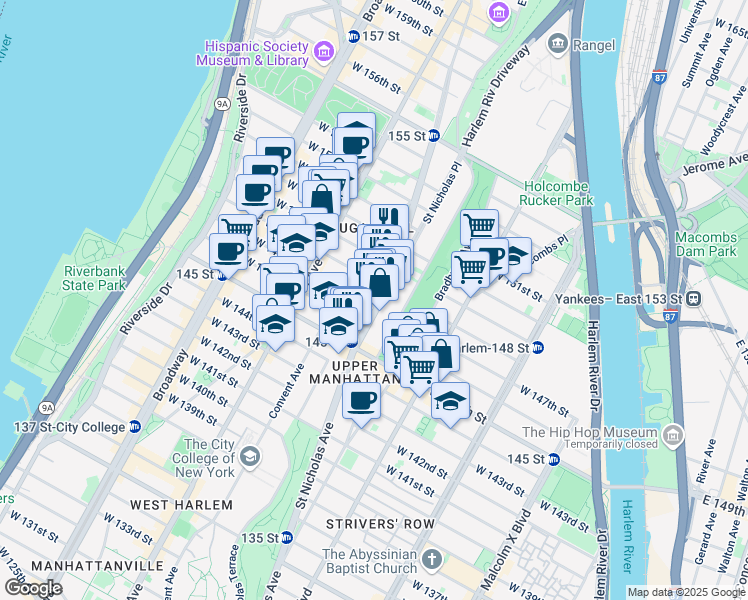 map of restaurants, bars, coffee shops, grocery stores, and more near 401 West 147th Street in New York