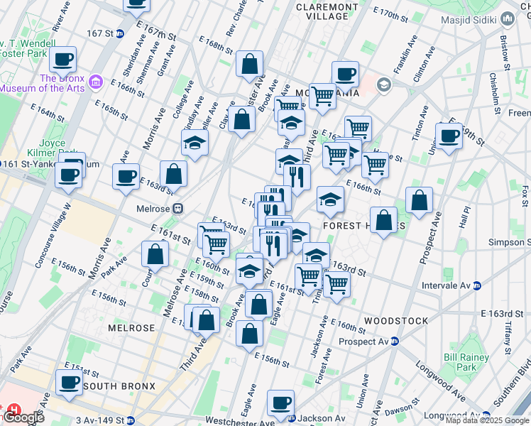 map of restaurants, bars, coffee shops, grocery stores, and more near 976 Washington Avenue in The Bronx