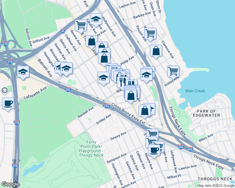 map of restaurants, bars, coffee shops, grocery stores, and more near 2868 Randall Avenue in Bronx