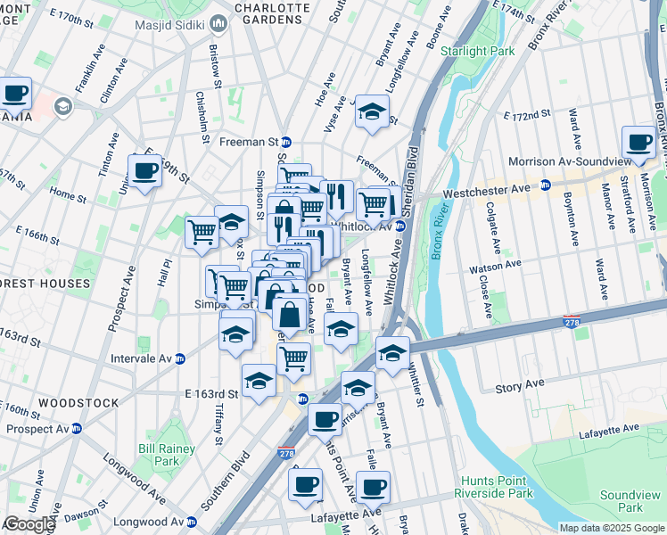 map of restaurants, bars, coffee shops, grocery stores, and more near 1122 Westchester Avenue in The Bronx