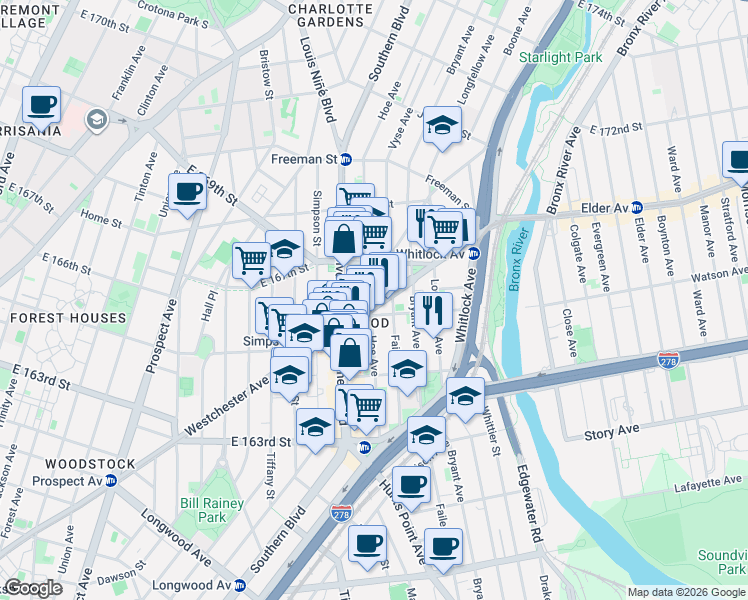 map of restaurants, bars, coffee shops, grocery stores, and more near 1122 Westchester Avenue in The Bronx