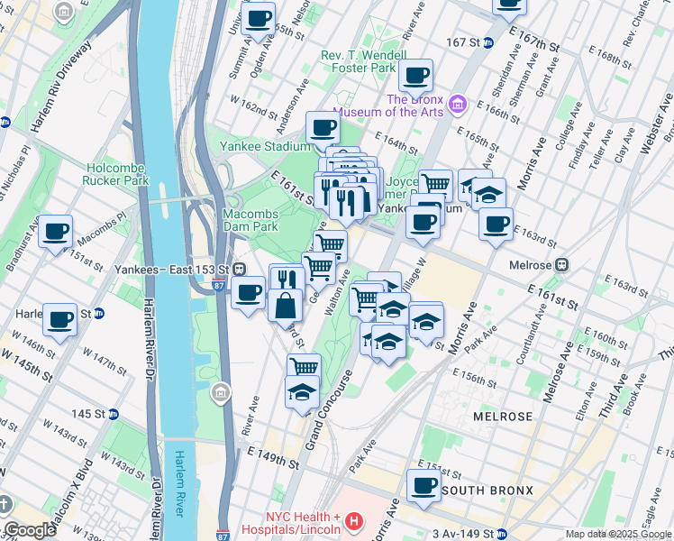 map of restaurants, bars, coffee shops, grocery stores, and more near 129 East 157th Street in The Bronx