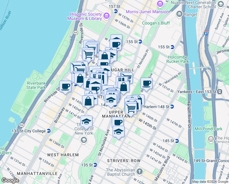 map of restaurants, bars, coffee shops, grocery stores, and more near 387 Convent Avenue in New York