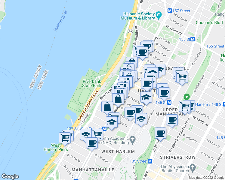 map of restaurants, bars, coffee shops, grocery stores, and more near in New York