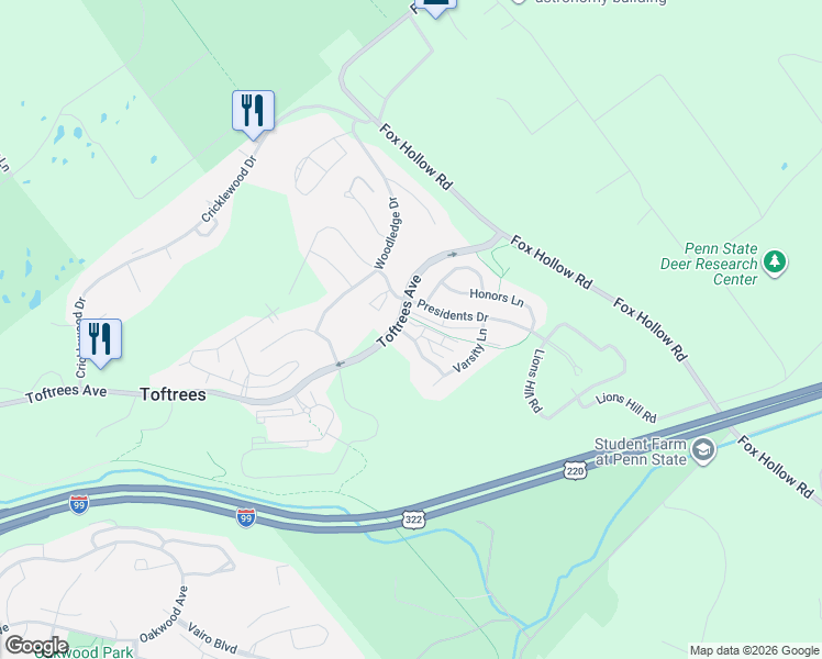 map of restaurants, bars, coffee shops, grocery stores, and more near 112 Alma Mater Drive in State College
