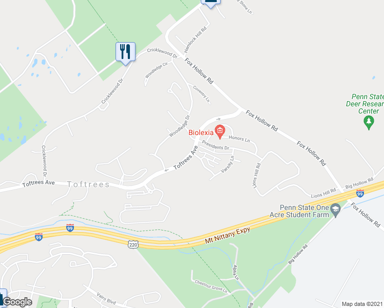 map of restaurants, bars, coffee shops, grocery stores, and more near 112 Alma Mater Drive in State College