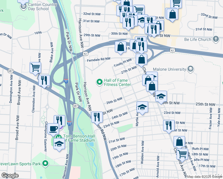 map of restaurants, bars, coffee shops, grocery stores, and more near 2642 Caprice Avenue Northwest in Canton
