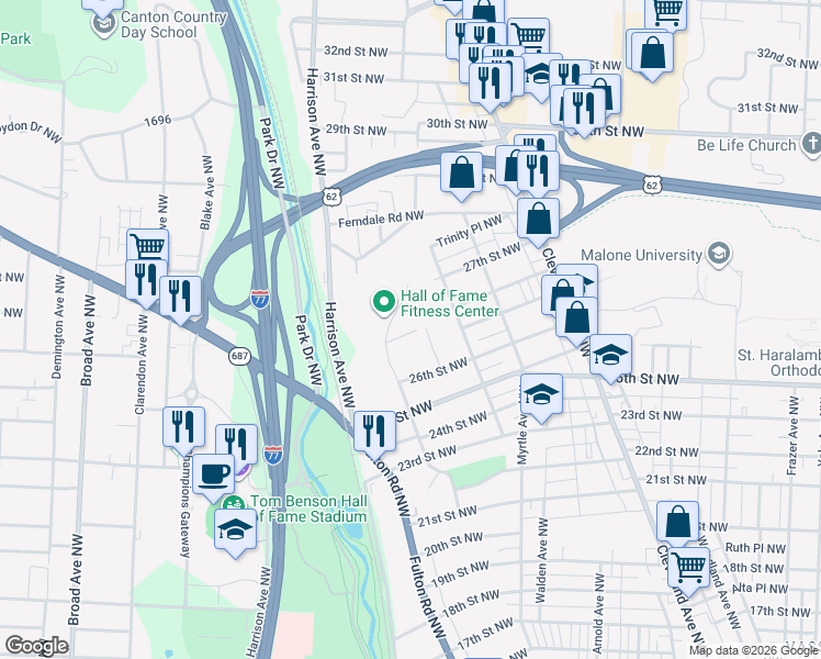 map of restaurants, bars, coffee shops, grocery stores, and more near 2600-2638 Roberts Avenue Northwest in Canton