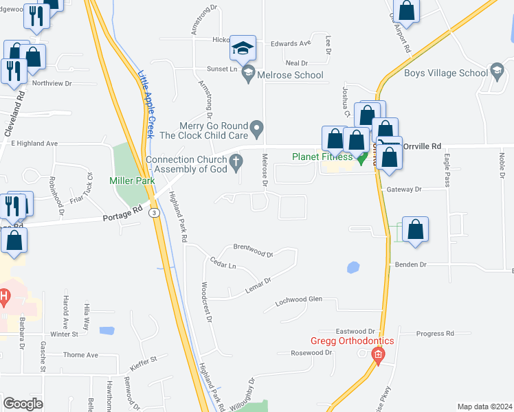 map of restaurants, bars, coffee shops, grocery stores, and more near 2050 Williams Way in Wooster