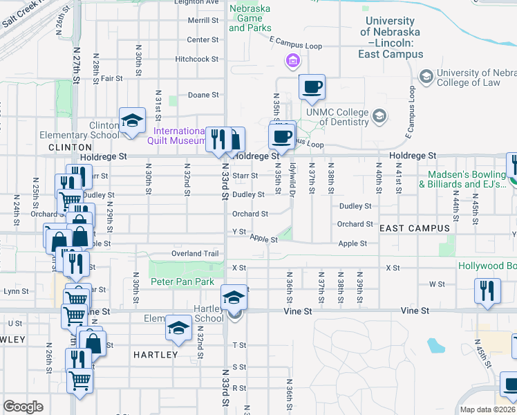 map of restaurants, bars, coffee shops, grocery stores, and more near 3434 Orchard Street in Lincoln