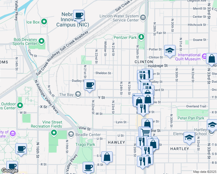 map of restaurants, bars, coffee shops, grocery stores, and more near 2300 Orchard Street in Lincoln