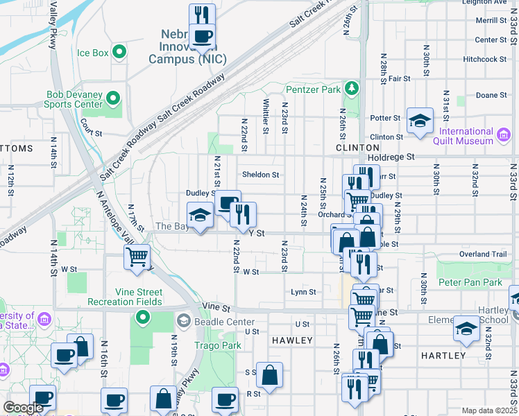 map of restaurants, bars, coffee shops, grocery stores, and more near 2232 Orchard Street in Lincoln
