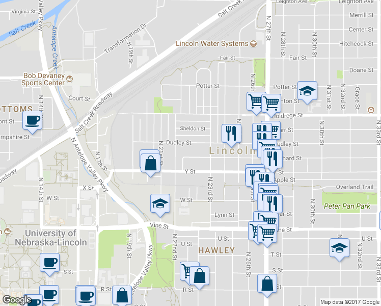 map of restaurants, bars, coffee shops, grocery stores, and more near 2232 Orchard Street in Lincoln