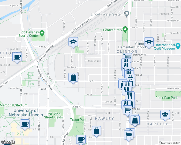 map of restaurants, bars, coffee shops, grocery stores, and more near 2232 Orchard Street in Lincoln