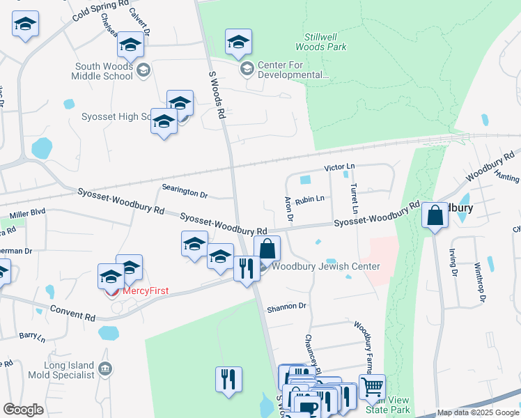 map of restaurants, bars, coffee shops, grocery stores, and more near 281 Syosset-Woodbury Road in Woodbury