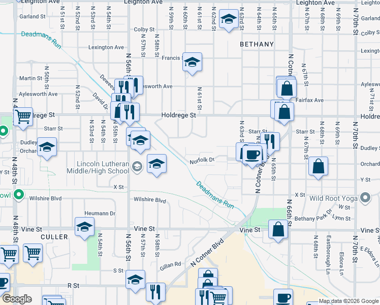 map of restaurants, bars, coffee shops, grocery stores, and more near 32 Wells Court in Lincoln