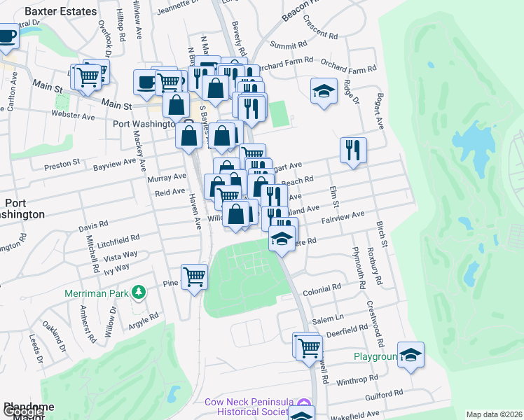 map of restaurants, bars, coffee shops, grocery stores, and more near 648 Port Washington Boulevard in Port Washington