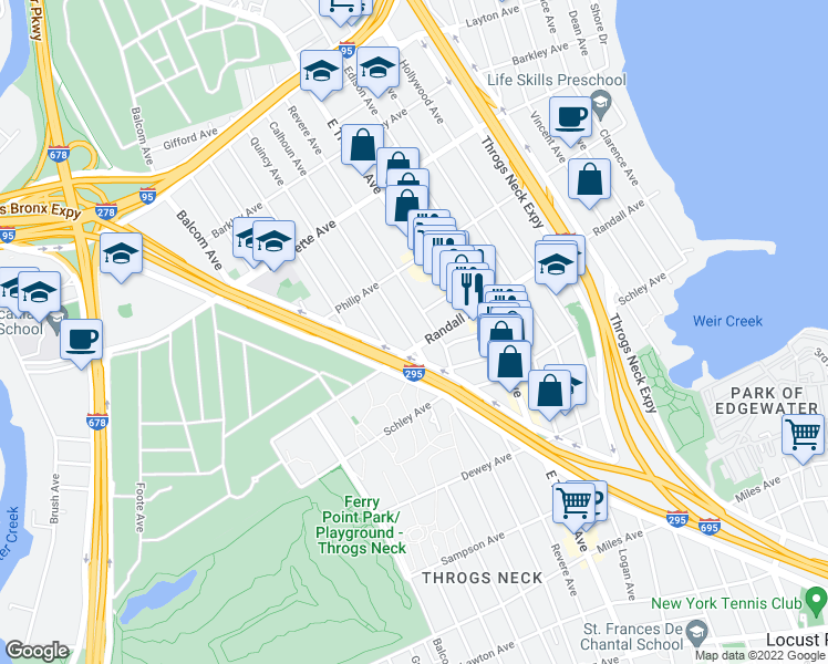 map of restaurants, bars, coffee shops, grocery stores, and more near in The Bronx