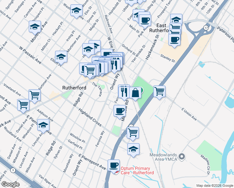 map of restaurants, bars, coffee shops, grocery stores, and more near 69 Orient Way in Rutherford