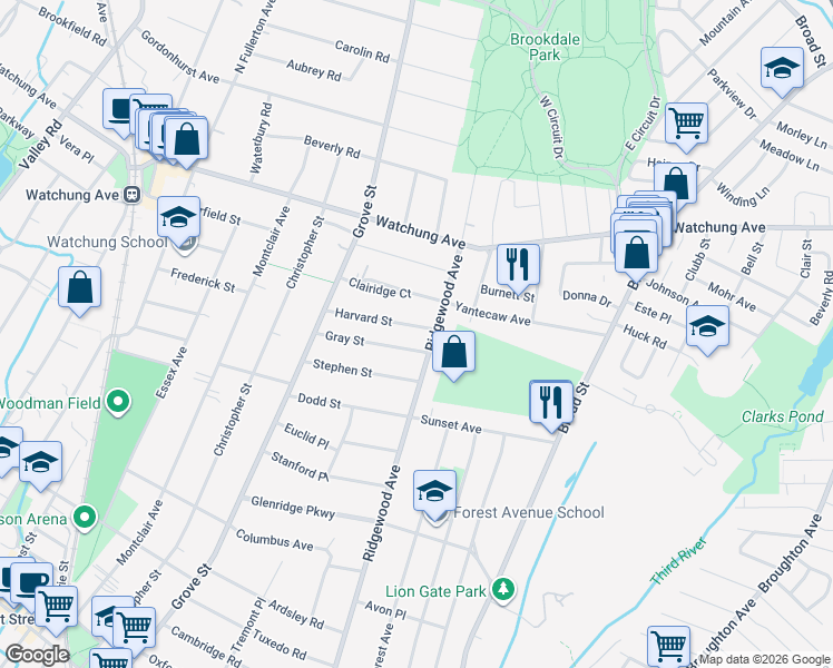 map of restaurants, bars, coffee shops, grocery stores, and more near 55 Harvard Street in Glen Ridge