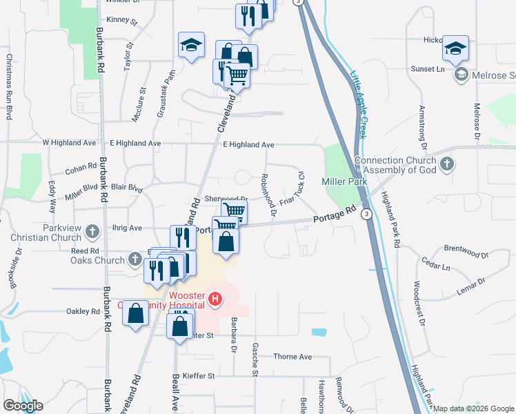 map of restaurants, bars, coffee shops, grocery stores, and more near 2102 Robinhood Drive in Wooster