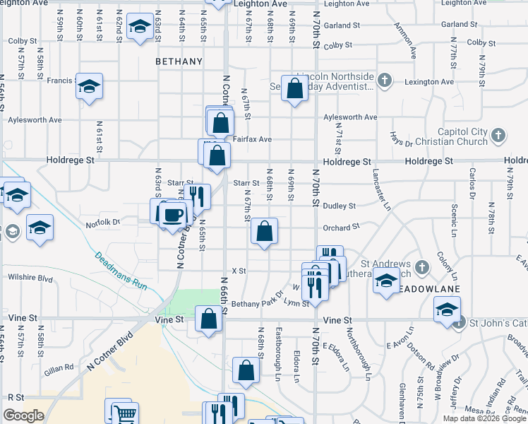 map of restaurants, bars, coffee shops, grocery stores, and more near 6719 Dudley St in Lincoln