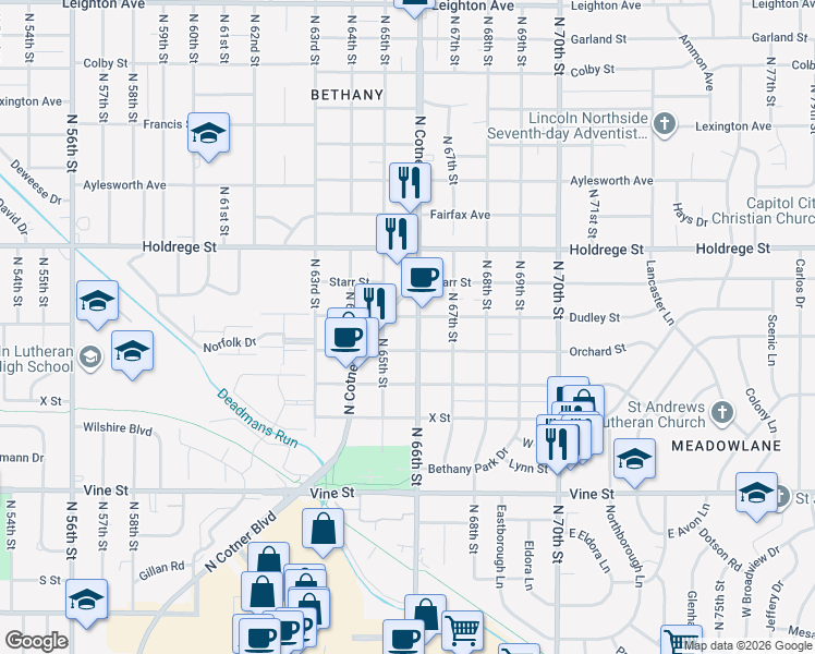 map of restaurants, bars, coffee shops, grocery stores, and more near 1224 North 65th Street in Lincoln