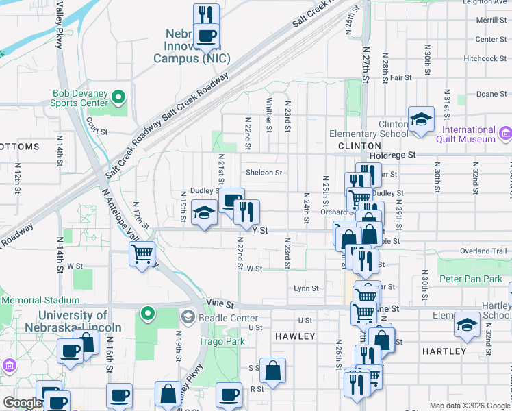 map of restaurants, bars, coffee shops, grocery stores, and more near 2232 Orchard Street in Lincoln