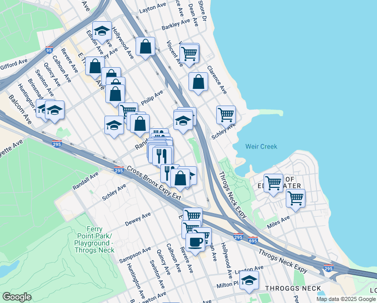 map of restaurants, bars, coffee shops, grocery stores, and more near 601 Hollywood Avenue in The Bronx