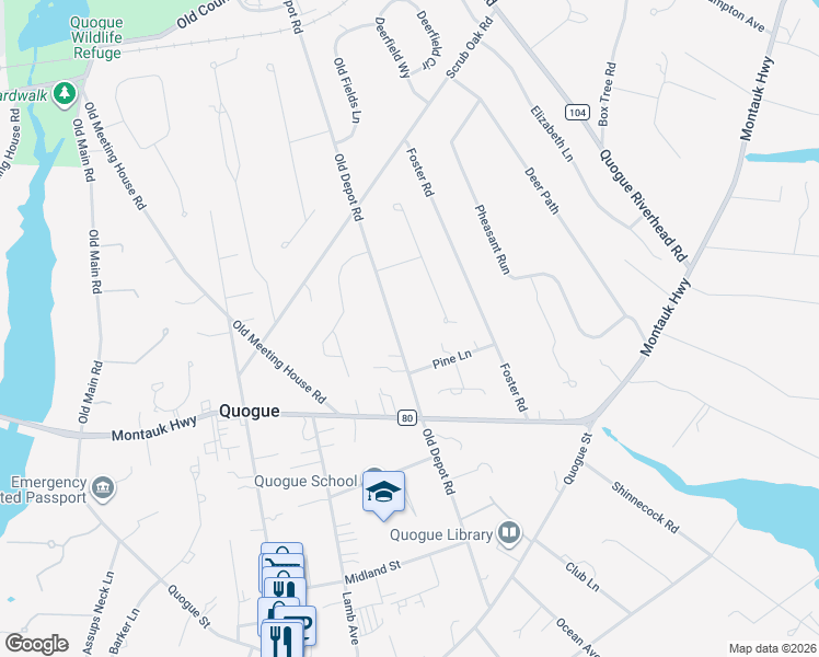 map of restaurants, bars, coffee shops, grocery stores, and more near 58 Old Depot Road in Quogue