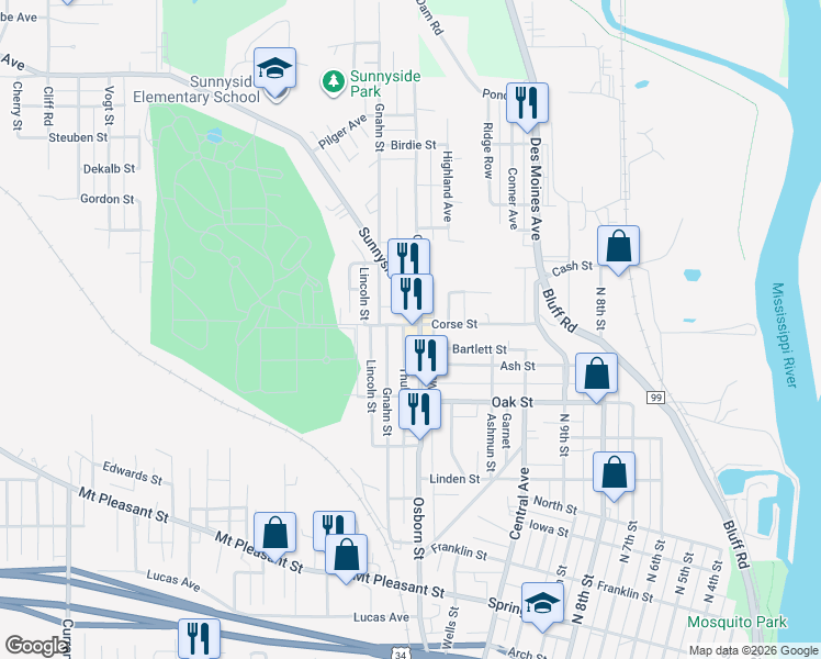 map of restaurants, bars, coffee shops, grocery stores, and more near 1305 Corse Street in Burlington