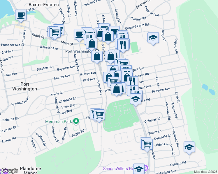 map of restaurants, bars, coffee shops, grocery stores, and more near 90 South Bayles Avenue in Port Washington