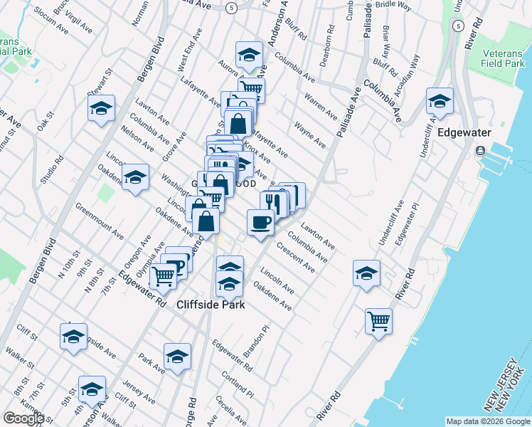 map of restaurants, bars, coffee shops, grocery stores, and more near 229 Columbia Avenue in Cliffside Park