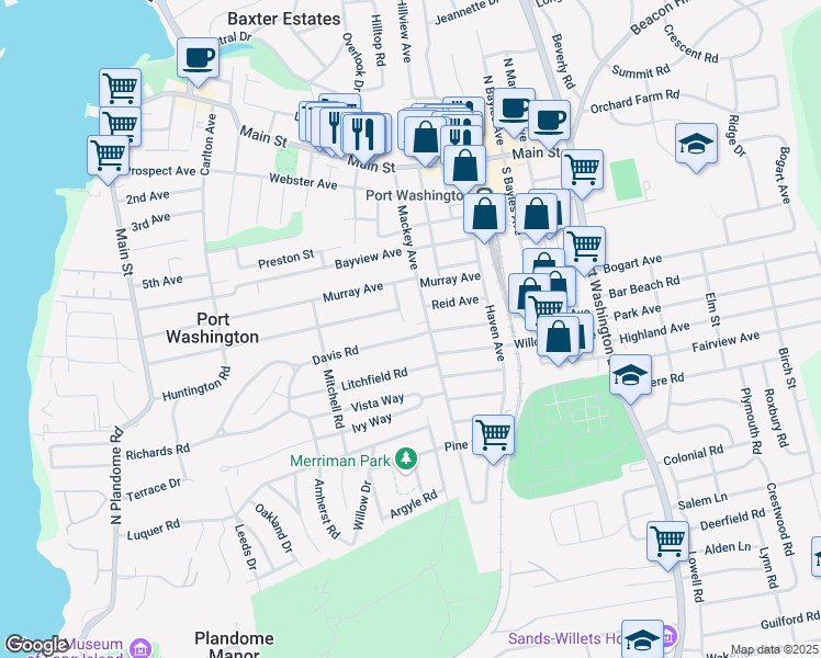 map of restaurants, bars, coffee shops, grocery stores, and more near 21 Davis Road in Port Washington