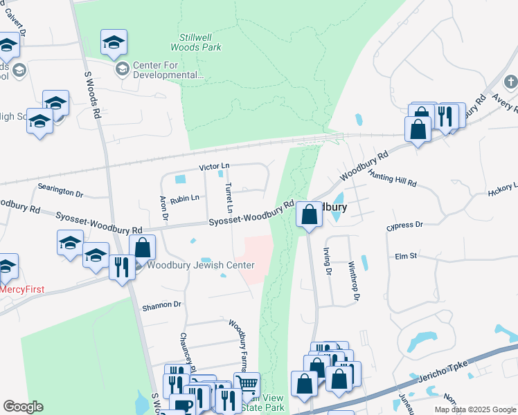 map of restaurants, bars, coffee shops, grocery stores, and more near 15 Castle Drive in Woodbury