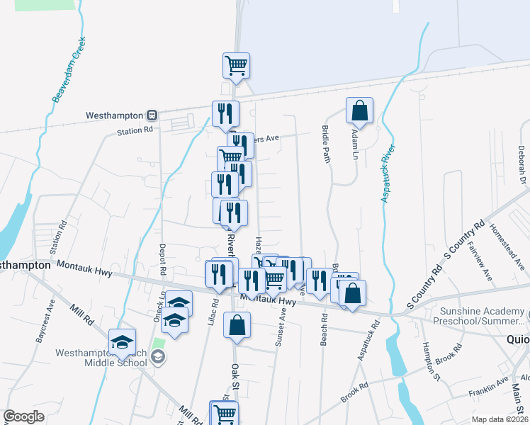 map of restaurants, bars, coffee shops, grocery stores, and more near 52 Hazelwood Avenue in Westhampton Beach