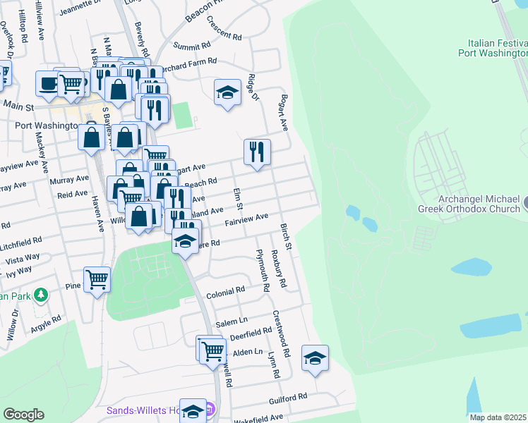 map of restaurants, bars, coffee shops, grocery stores, and more near 67 Fairview Avenue in Port Washington