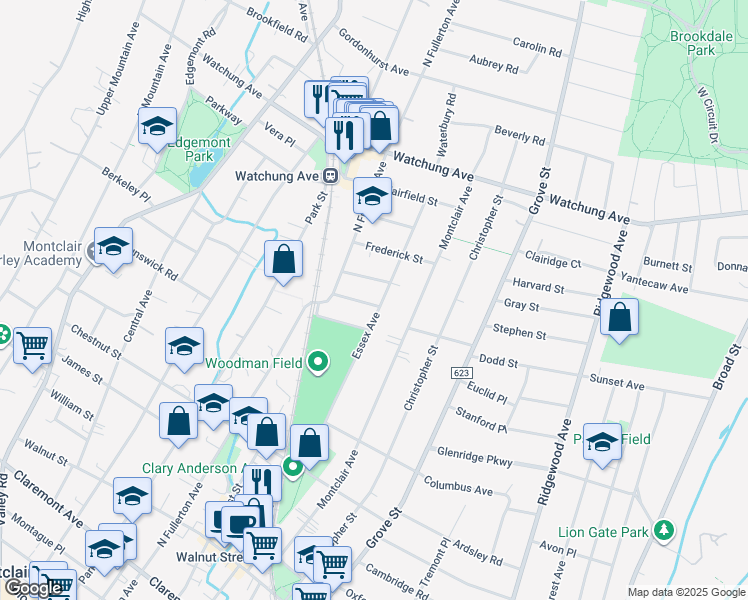 map of restaurants, bars, coffee shops, grocery stores, and more near 1 Mendl Terrace in Montclair
