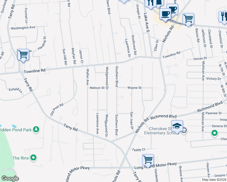 map of restaurants, bars, coffee shops, grocery stores, and more near 158 Southern Boulevard in Hauppauge