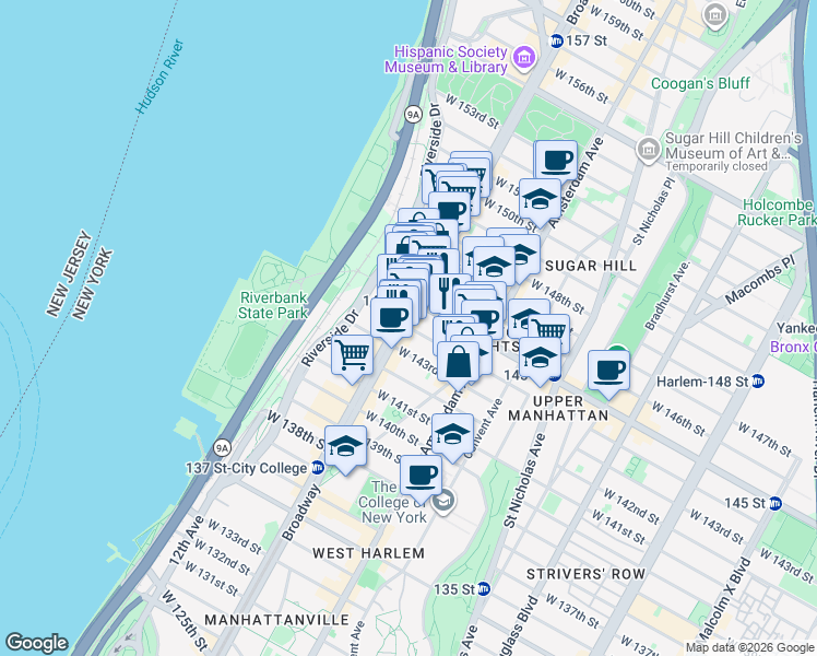 map of restaurants, bars, coffee shops, grocery stores, and more near 566 West 144th Street in New York