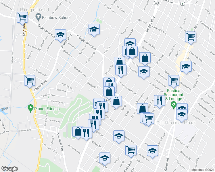 map of restaurants, bars, coffee shops, grocery stores, and more near 505 Grand Ridge Drive in Ridgefield