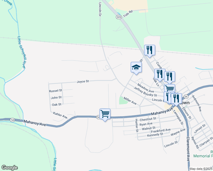 map of restaurants, bars, coffee shops, grocery stores, and more near 35 South Street in Tamaqua