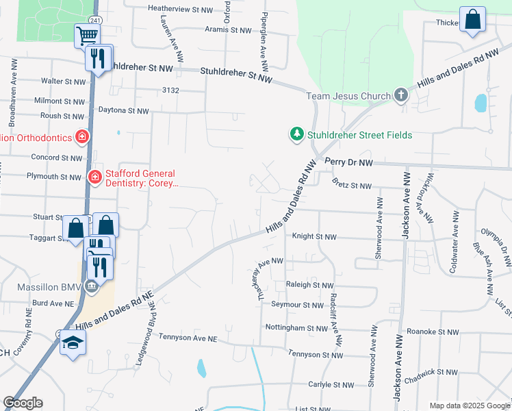 map of restaurants, bars, coffee shops, grocery stores, and more near 7723 Hills and Dales Road Northwest in Massillon