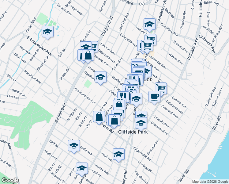 map of restaurants, bars, coffee shops, grocery stores, and more near 405 Oakdene Avenue in Cliffside Park