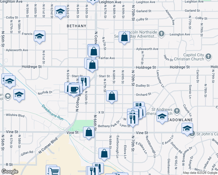 map of restaurants, bars, coffee shops, grocery stores, and more near 6719 Dudley Street in Lincoln