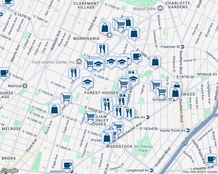 map of restaurants, bars, coffee shops, grocery stores, and more near 760 East 166th Street in The Bronx